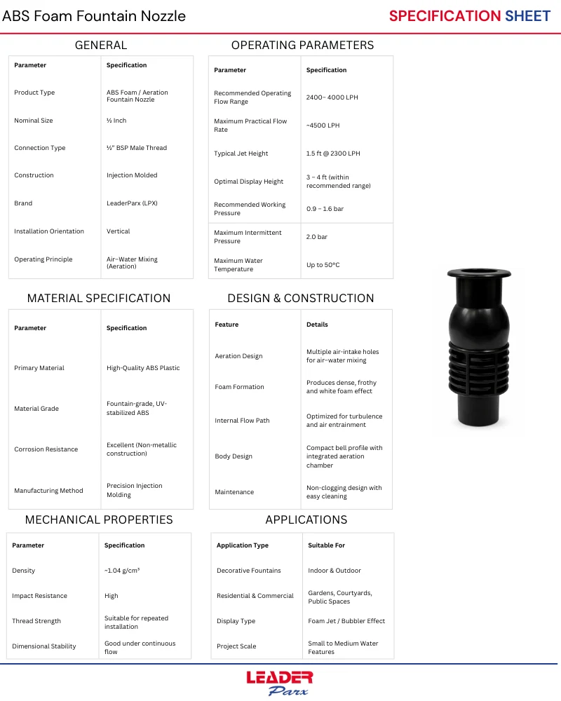 Foam Nozzle Half inch specification sheet